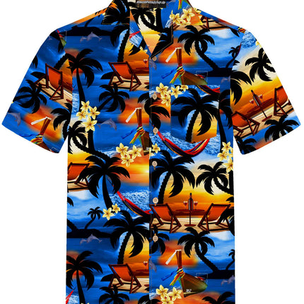 Kurzarmhemd mit Tropenprint, Knopfleiste und Stehkragen, Palmen & Blumen