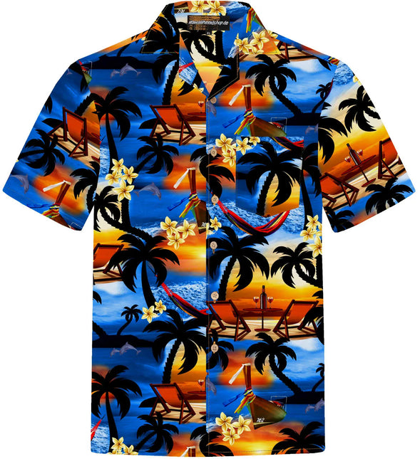 Kurzarmhemd mit Tropenprint, Knopfleiste und Stehkragen, Palmen & Blumen
