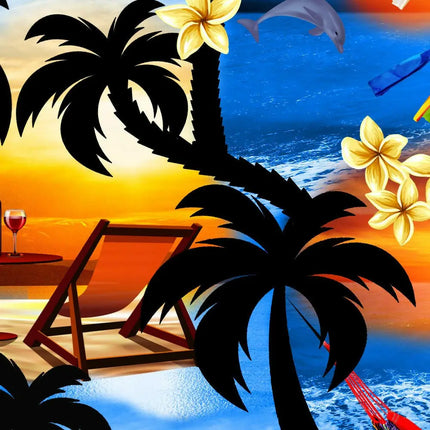 Tropischer Print mit Palmen, Strand und Blumenakzenten auf Stoff