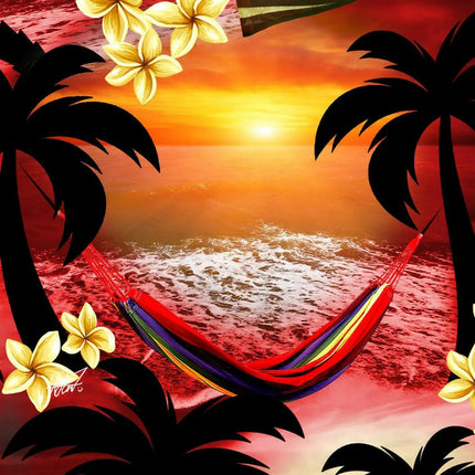 Kurzarmhemd-Print mit Hängematte, Meer, Sonnenuntergang und Palmen