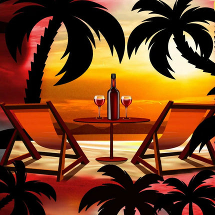 Kurzarmhemd-Print mit Tisch, Weingläsern, Strandliegen und Palmen