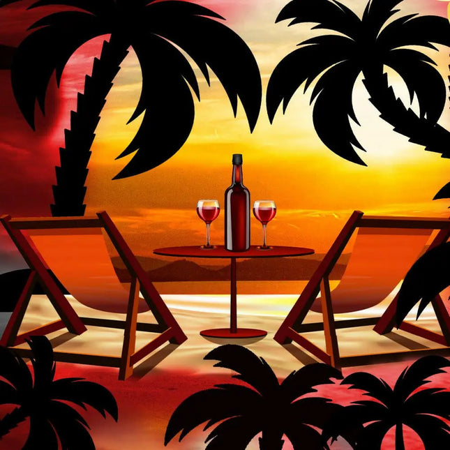 Kurzarmhemd-Print mit Tisch, Weingläsern, Strandliegen und Palmen