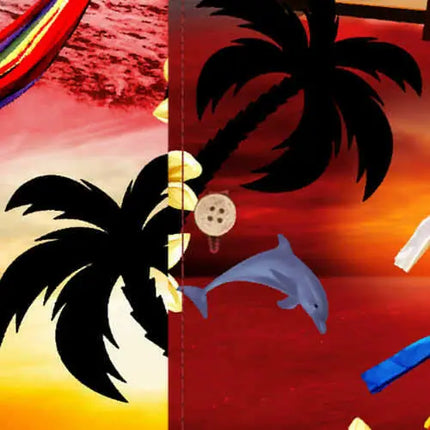Kurzarmhemd-Detail: Palmen, Delfin und tropischer Sonnenuntergangs-Print