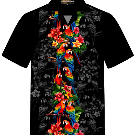 Camicia nera a maniche corte con grande stampa colorata di pappagalli e fiori