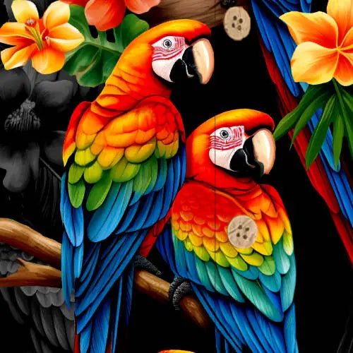 Detail: Papageienmotiv mit Blüten auf schwarzem Hemd, kurzärmlig
