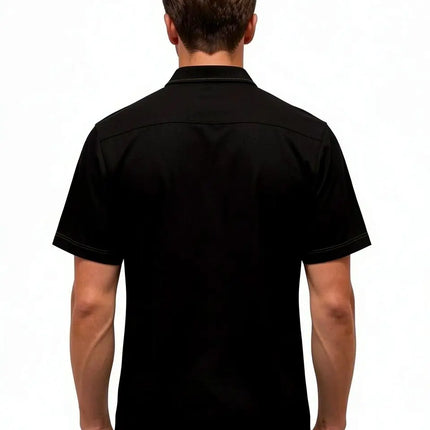 Camicia nera a maniche corte con colletto, vista posteriore, tinta unita