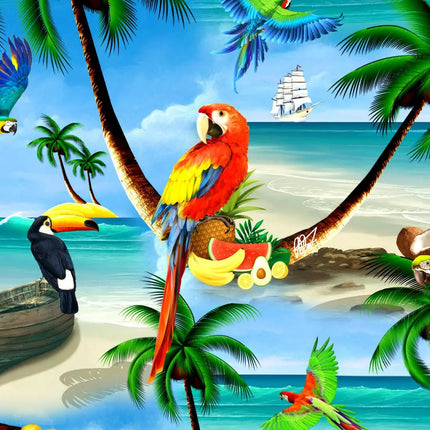 Kurzarmhemd-Detail mit rotem Papagei, Palmen und Meerblick im bunten Print