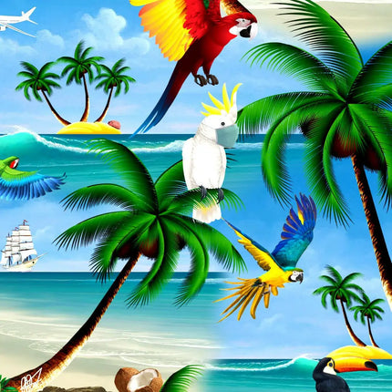 Kurzarmhemd-Detail mit Papageien, Palmen und Boot auf tropischem Strandbild