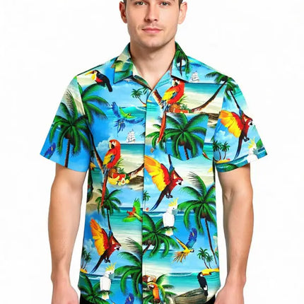 Kurzarmhemd (6XL) mit Papageien-Tropenprint auf hellblauem Grund