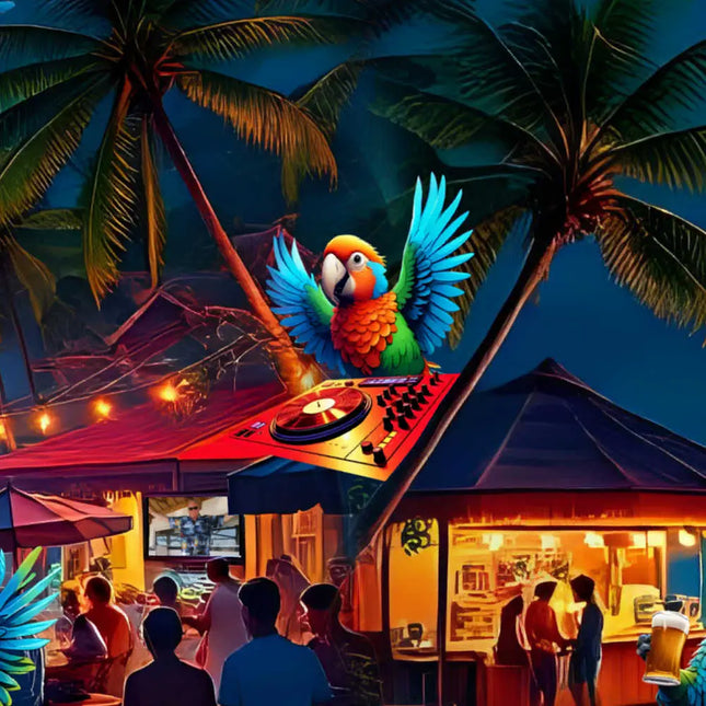 Detailansicht: Papagei auf Musiktisch oben, Partyhütte und Biergläser im Print