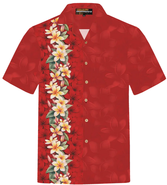 Rotes kurzärmeliges Hemd mit Knopfleiste und vertikalem Blumen-Print auf der Vorderseite