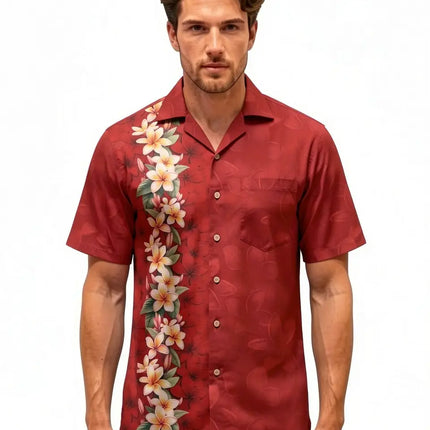 Rotes kurzärmeliges Hemd mit Knopfleiste und seitlichem Blumen-Print am Oberteil