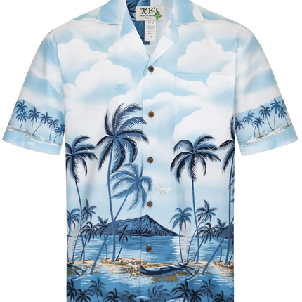 Kurzes Hawaiihemd mit Knopfleiste, Vorderansicht mit Palmenmeer- und Strandprint