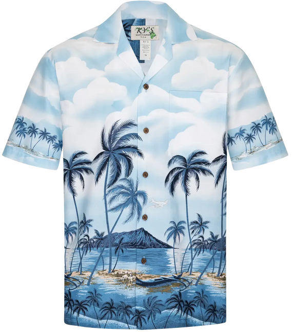 Kurzes Hawaiihemd mit Knopfleiste, Vorderansicht mit Palmenmeer- und Strandprint