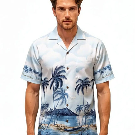 Kurzes Hawaiihemd mit Knopfleiste, Vorderansicht mit Palmen- und Strandmotiv