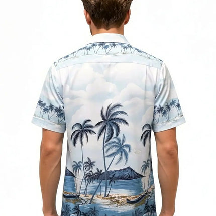 Kurzes Hawaiihemd mit Knopfleiste, Rückenansicht mit Palmen-, Strand- und Meerprint