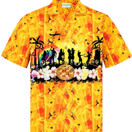 Vista frontal: camisa de hombre en tonos amarillo y naranja con motivo de fiesta disco y tapeta de botones