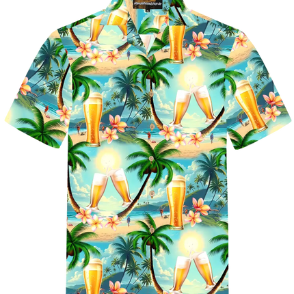 Kurzarm-Hemd mit Bierglas-, Palmen- und Blumenprint, Knopfleiste