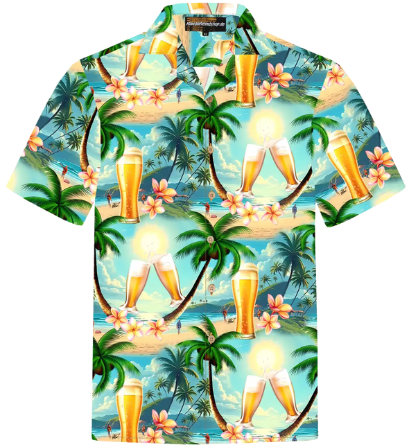 Kurzarm-Hemd mit Bierglas-, Palmen- und Blumenprint, Knopfleiste