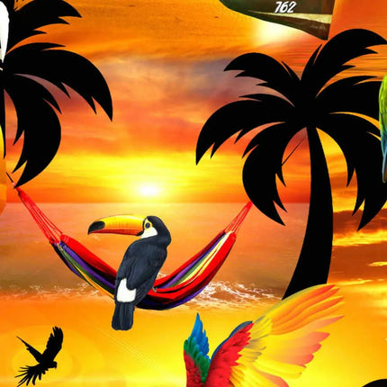 Hemdstoff mit großer Papagei-Hängematten-Illustration, Palmen und Sonnenuntergang