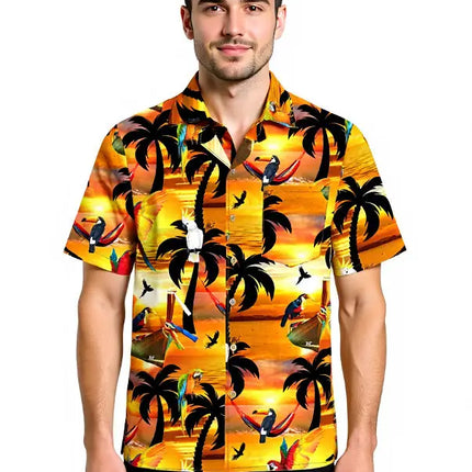 Hawaiihemd mit kurzen Ärmeln, gelb-orange Tropenmotiv mit Papageien und Palmen