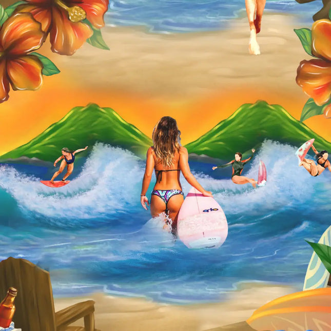 Kurzarmhemd mit farbenfrohem Surfer-Paradies-Motiv und Palmen vor Wellen