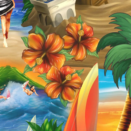 Detailansicht des Hemdprints mit orangefarbenen Hibiskusblüten, Palmen und Surfbrettern