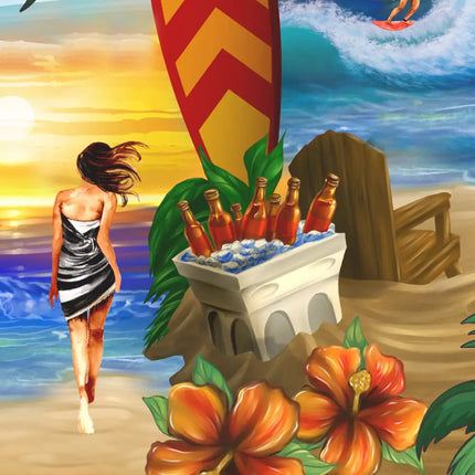 Bedrucktes Hemd mit Surferin, weißem Tisch und bunten Blumen, Palmen und Surfbrettern