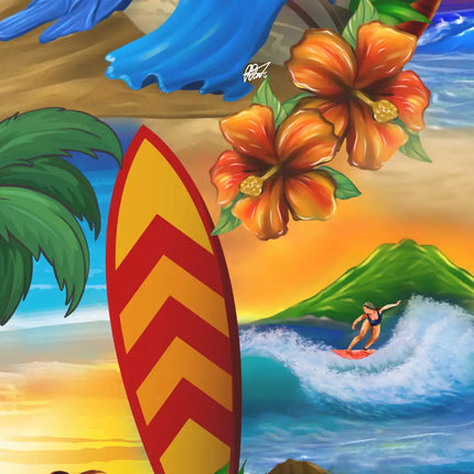 Nahaufnahme vom Hemdprint: großes Surfbretter-Motiv, blaue Wellen und orange Blumen