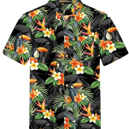 Camicia nera con motivo di tucani e fiori, abbottonatura e colletto a revers.