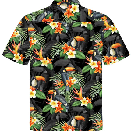 Camicia nera a maniche corte con motivo di tucani e fiori, colletto a revers.