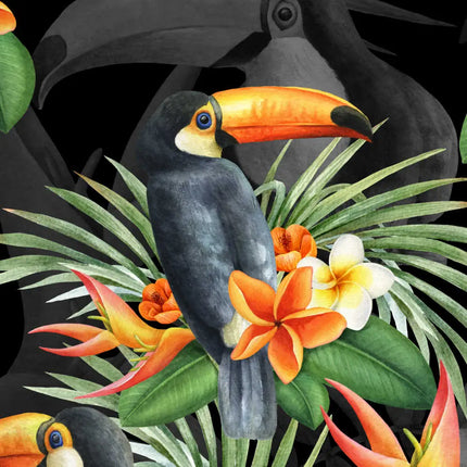 Dettaglio del tessuto: tucano dal becco arancione e foglie di palma, incorniciati da fiori su fondo nero
