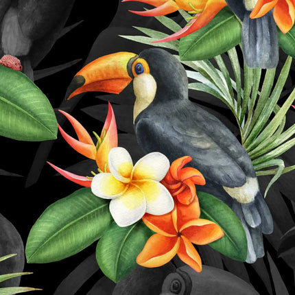 Dettaglio del tessuto: tucano e grandi fiori gialli e bianchi e arancioni su fondo nero