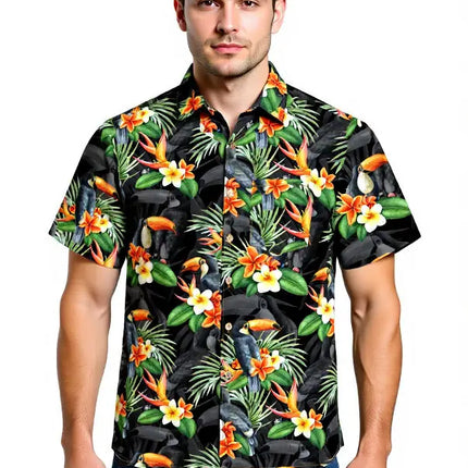 Camicia a maniche corte con bottoni sul davanti, stampa tropicale nera con tucani e fiori