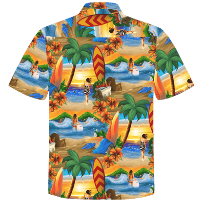 Herren Hawaiihemd in orange mit Strand, Palmen und Surfbrettern