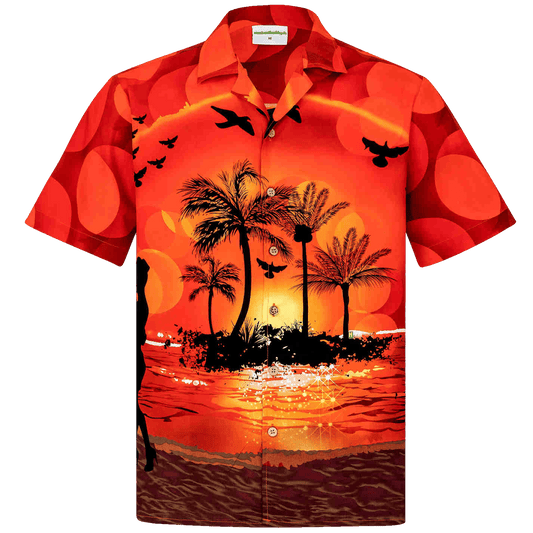 Herren Hawaiihemd 'Red Sunset' in Größe M, aus 100% Baumwolle. Lebhaftes Design mit Palmen, Sonnenuntergang und Kokosnussknöpfen.