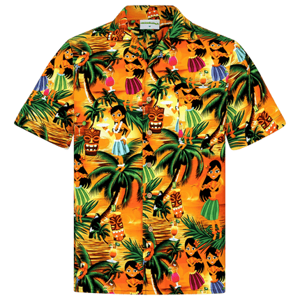Herren Hawaiihemd 'Drunken Aloha Girls' in leuchtendem Orange mit tropischen Motiven, 100% Baumwolle, Größen 4XL bis 8XL, mit Kokosnussknöpfen und Brusttasche.