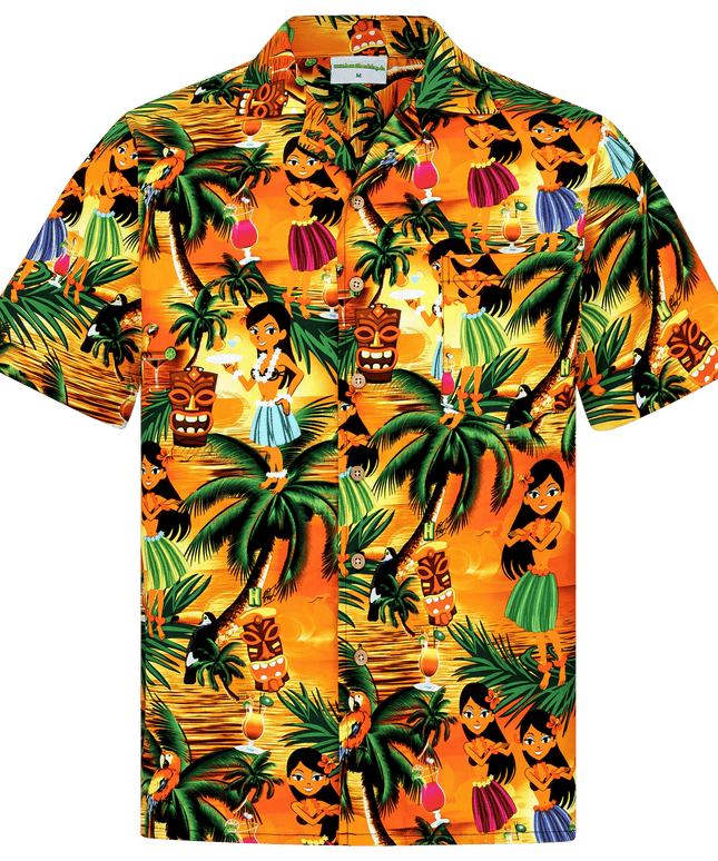 Herren Hawaiihemd 'Drunken Aloha Girls' in leuchtendem Orange mit tropischen Motiven, 100% Baumwolle, Größen 4XL bis 8XL, mit Kokosnussknöpfen und Brusttasche.