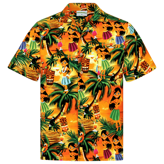 Herren Hawaiihemd 'Drunken Aloha Girls' in leuchtendem Orange mit tropischen Motiven, 100% Baumwolle, Größen 4XL bis 8XL, mit Kokosnussknöpfen und Brusttasche.