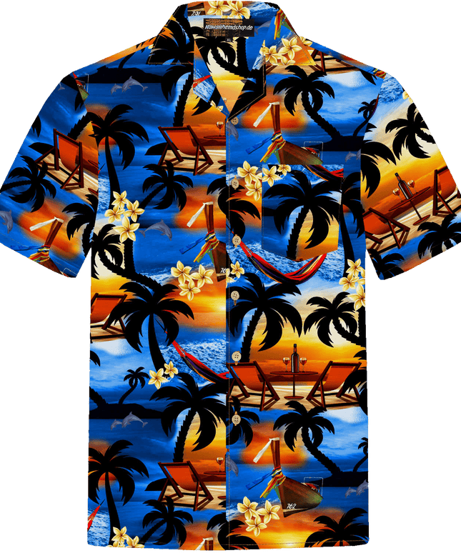 Herren Hawaiihemd 'Paradise Day' mit tropischem Muster aus Palmen, Hängematten und Sonnenuntergängen. Aus 100% Baumwolle, erhältlich in Größe S bis 6XL.