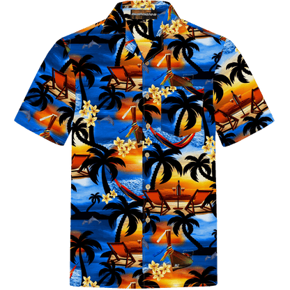 Herren Hawaiihemd 'Paradise Day' mit tropischem Muster aus Palmen, Hängematten und Sonnenuntergängen. Aus 100% Baumwolle, erhältlich in Größe S bis 6XL.