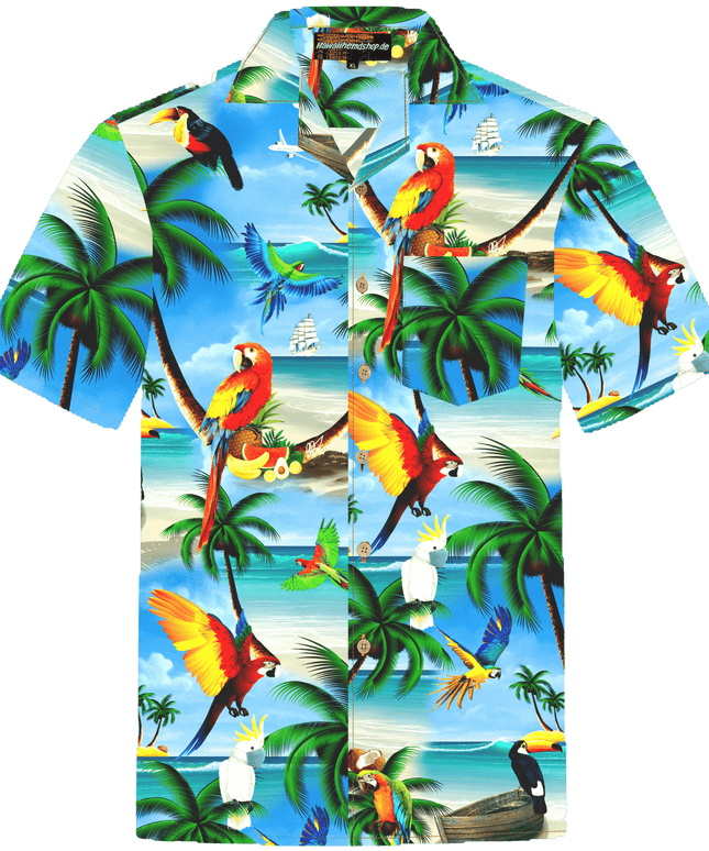 Herren Hawaiihemd 'Parrots Island' in Größe 6XL mit buntem Papageien- und Palmenmuster, aus 100% Baumwolle, mit Brusttasche und Kokosnussknöpfen.