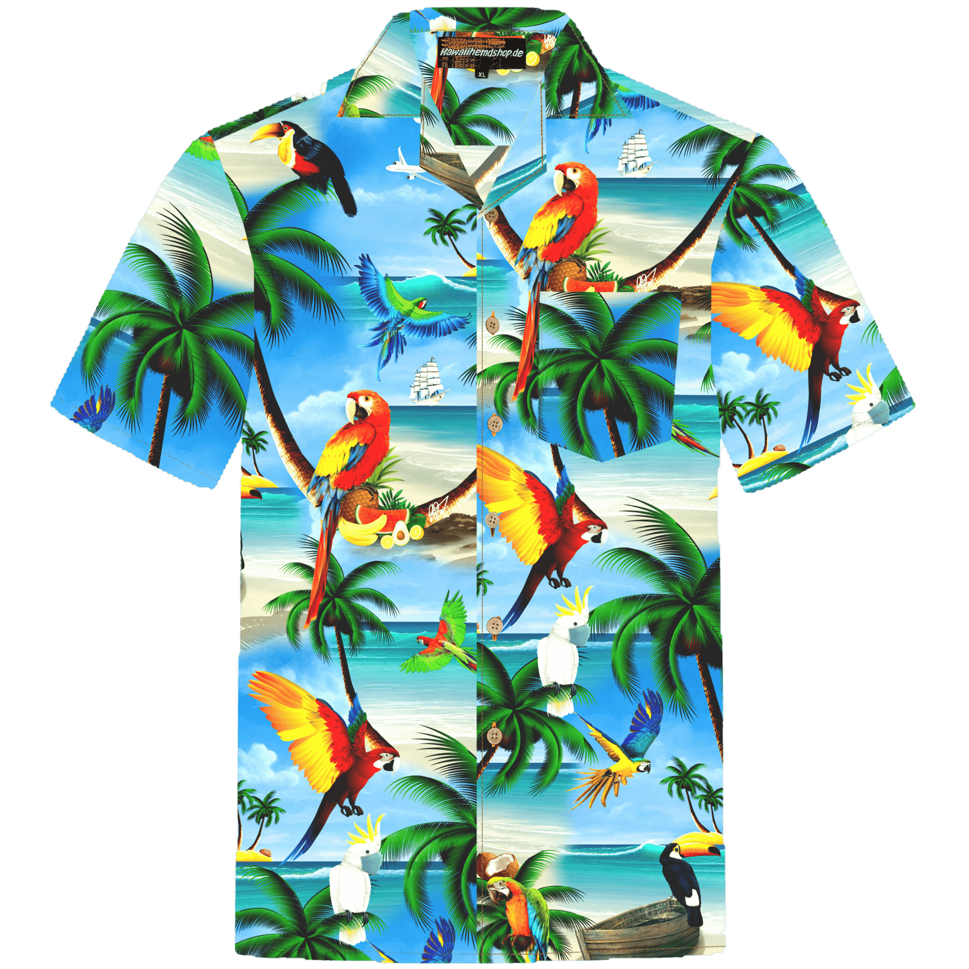 Herren Hawaiihemd 'Parrots Island' in Größe 6XL mit buntem Papageien- und Palmenmuster, aus 100% Baumwolle, mit Brusttasche und Kokosnussknöpfen.