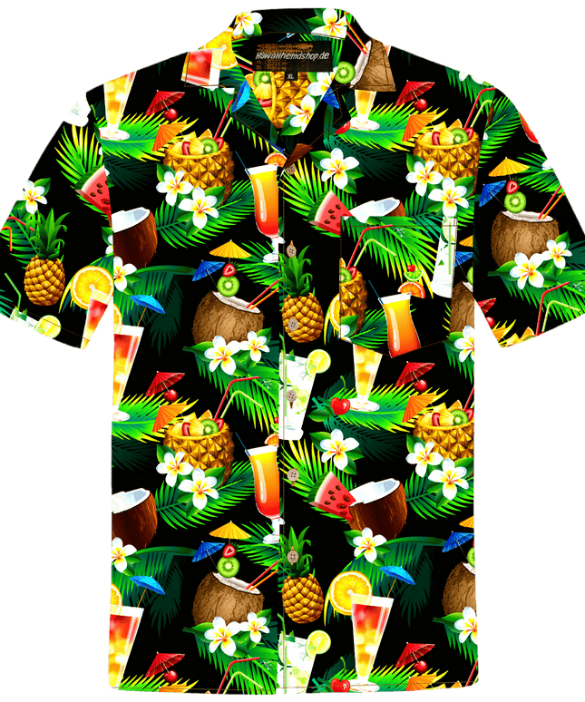 Herren Hawaiihemd 'Hawaiian Cocktails' aus 100% Baumwolle mit buntem Cocktail- und Tropenmuster, erhältlich in Größen 4XL-8XL.