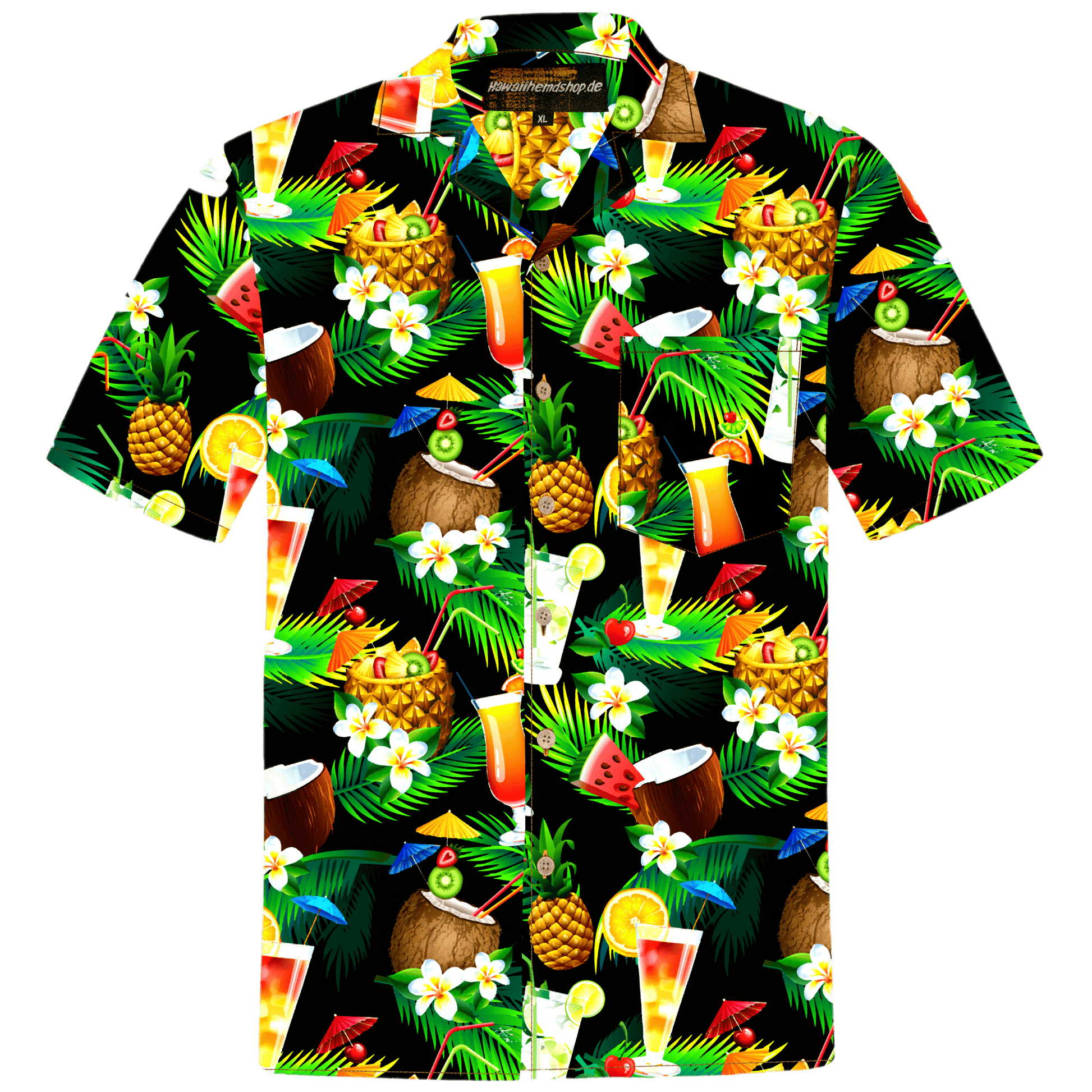 Herren Hawaiihemd 'Hawaiian Cocktails' aus 100% Baumwolle mit buntem Cocktail- und Tropenmuster, erhältlich in Größen 4XL-8XL.