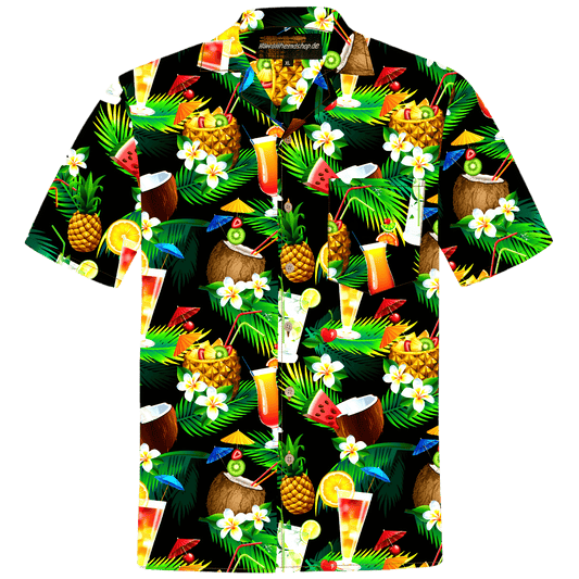 Herren Hawaiihemd 'Hawaiian Cocktails' aus 100% Baumwolle mit buntem Cocktail- und Tropenmuster, erhältlich in Größen 4XL-8XL.