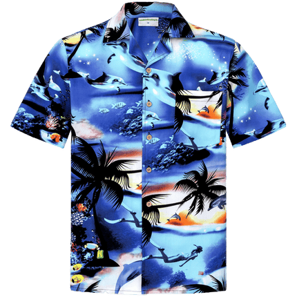 Herren Hawaiihemd 'Dolphin's Ocean' in Größe 6XL, aus 100% Baumwolle mit tropischem Delfin- und Palmenmuster, Kokosnussknöpfen und Brusttasche.