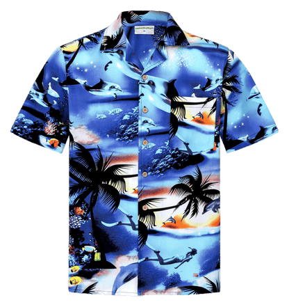 Herren Hawaiihemd 'Dolphin's Ocean' in Größe 6XL, aus 100% Baumwolle mit tropischem Delfin- und Palmenmuster, Kokosnussknöpfen und Brusttasche.