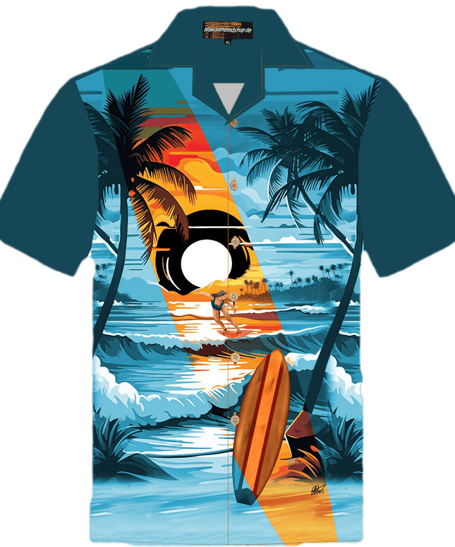 Herren Hawaiihemd 'Dark Beach Day' in Größe 8XL, aus 100% Baumwolle mit tropischem Strandmotiv, Kokosnussknöpfen und leuchtenden Farben.