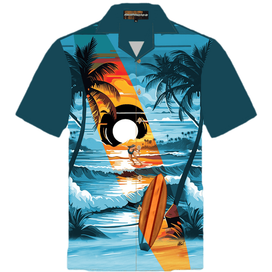 Herren Hawaiihemd 'Dark Beach Day' in Größe 8XL, aus 100% Baumwolle mit tropischem Strandmotiv, Kokosnussknöpfen und leuchtenden Farben.